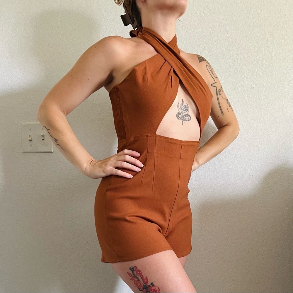 Fashion Nova Orange Cross Halter Playsuit